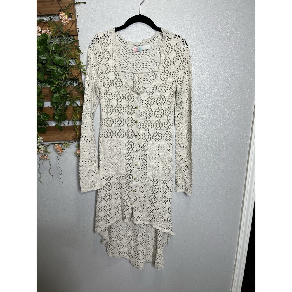 Free People Beach Swimsuit Cover Up Crochet Cream Button Front High Low‎ Size S